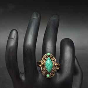 Antique Peking Glass Ring Size 6 Gold Tone Teal Mottled Glass Vintage